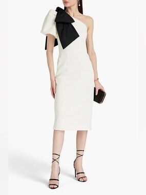 Rebecca Vallance Monique Taffeta Textured One Shoulder Bow Midi Dress Sz 6